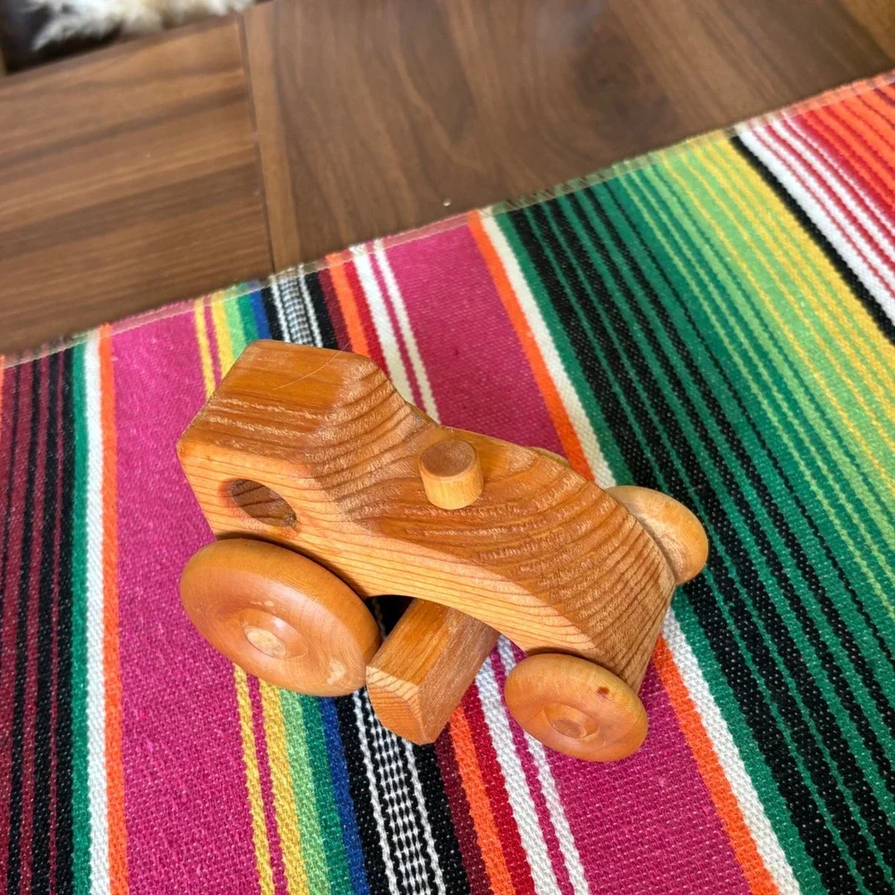 Vintage Handmade Wooden Toy Set Tractor and Car Natural Wood Montessori Decor